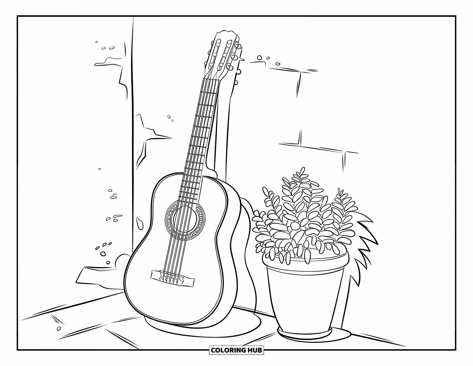 Spain Coloring Page for Kids: A guitar with a few strings leans beside a wall and leafy flowerpot