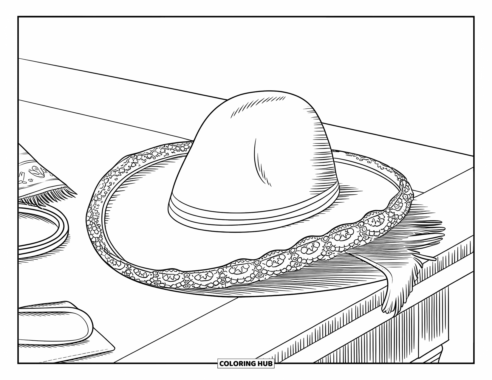 Spain Coloring Page for Kids: A matador hat rests on a table with a handkerchief and belt nearby