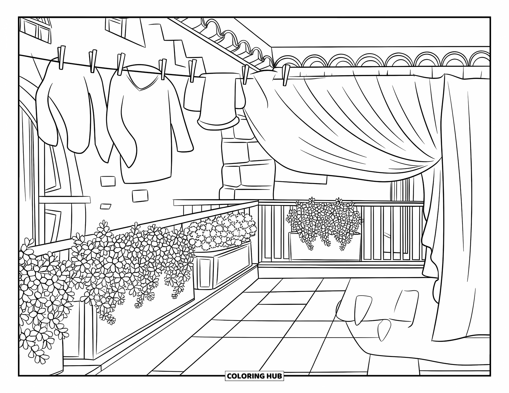 Spain Coloring Page for Kids: A tiled balcony with flowers and laundry, near an arched building entrance