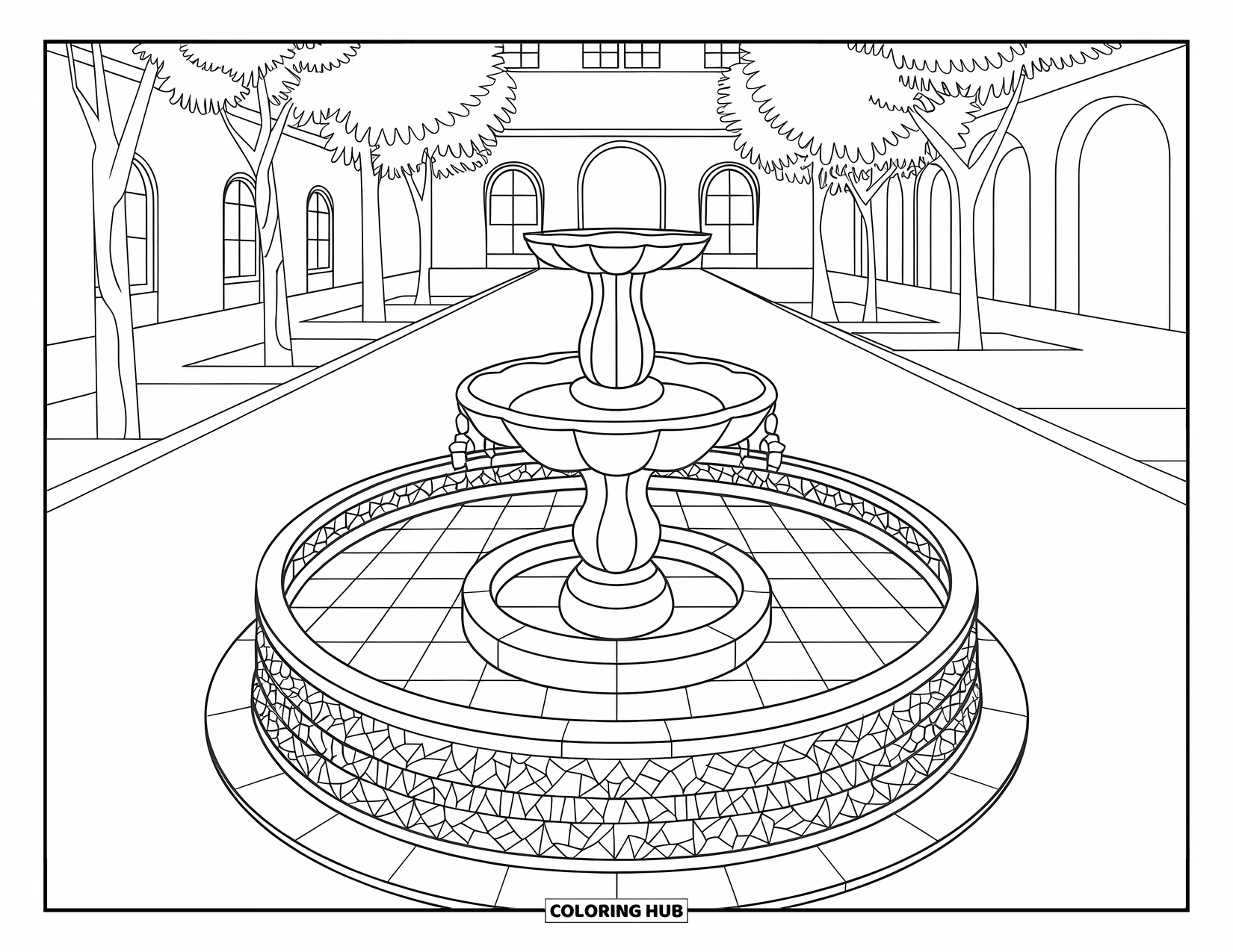 Spain Coloring Page for Kids: A tiled fountain stands in a quiet courtyard with a mosaic path and plants