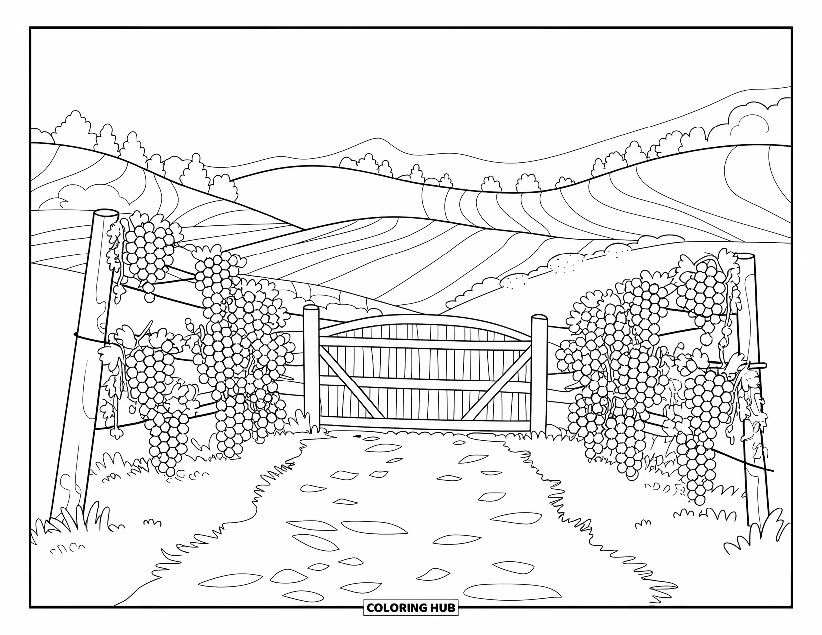 Spain Coloring Page for Kids: A vineyard path with grapevines leads to a round-topped gate and rolling hills