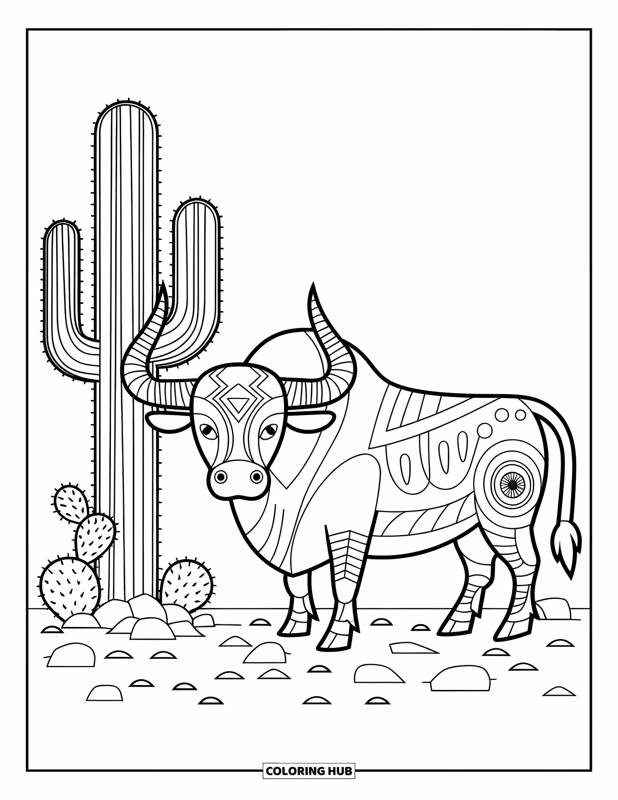 Spain Coloring Page for Kids: Bull with curved horns stands by a cactus and scattered rocks
