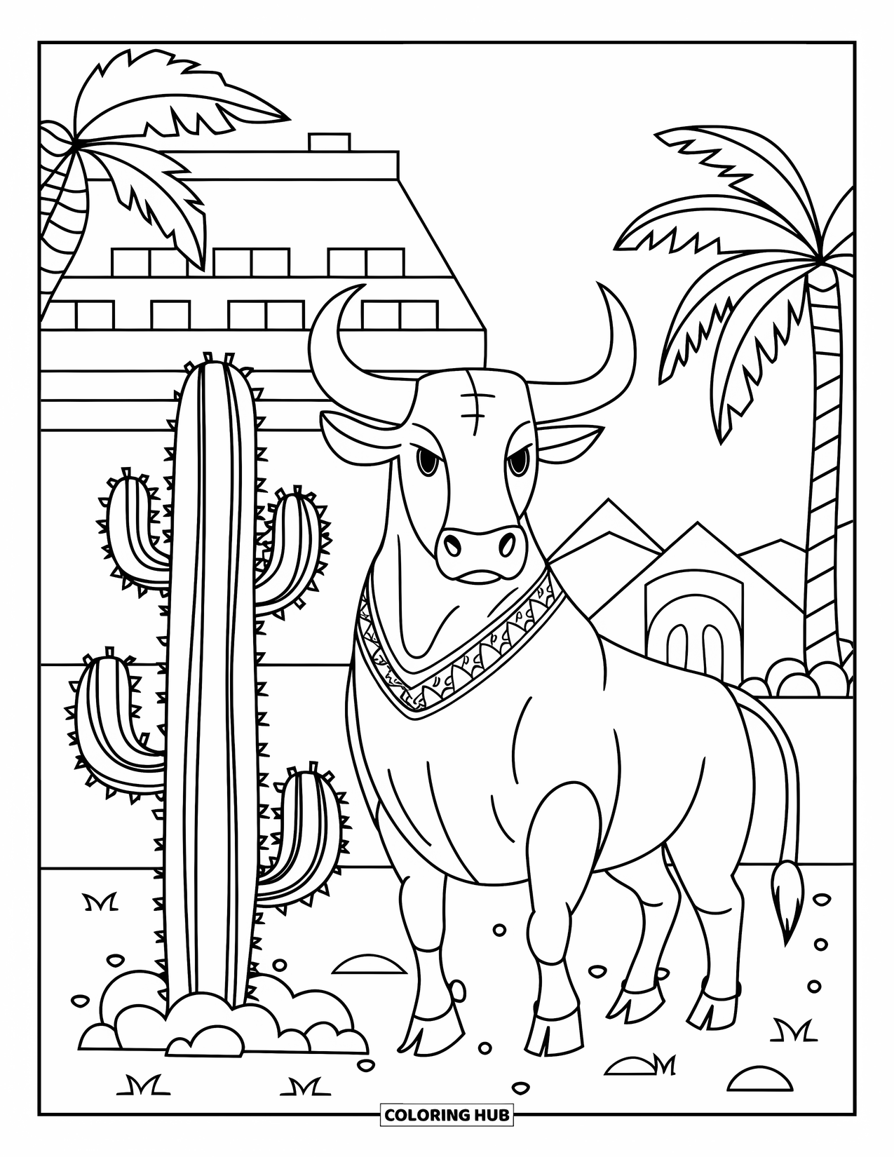 Spain Coloring Page for Kids: Decorated bull with collar stands near cactus and red-roofed building