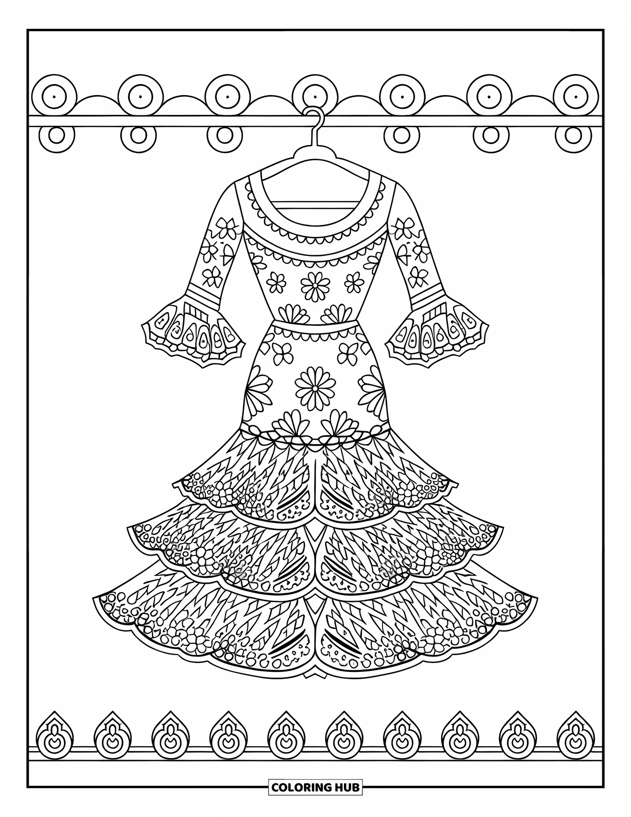 Spain Coloring Page for Kids: Flamenco dress with swirled hem hangs beside a white wall
