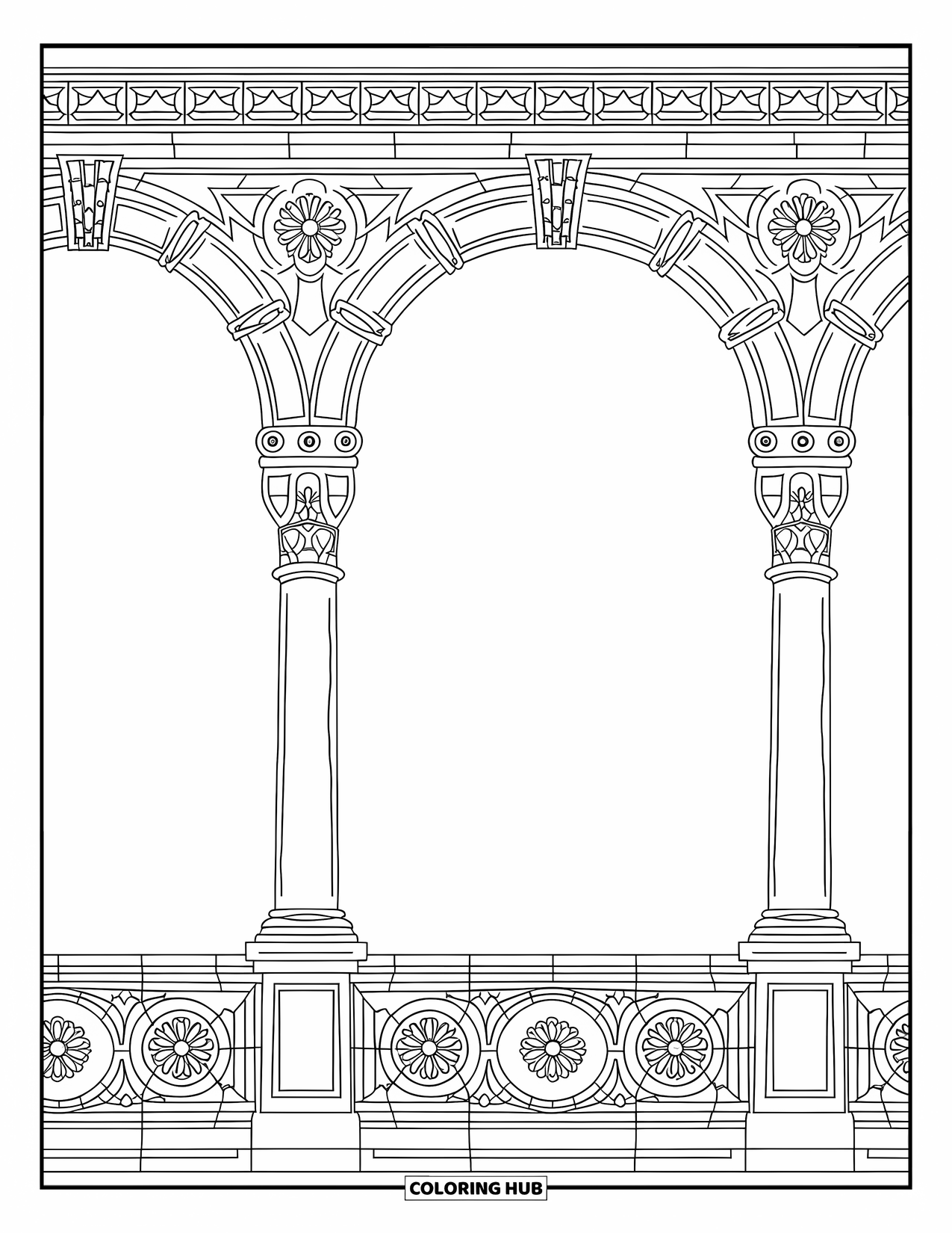Spain Coloring Page for Kids: Floral tiles decorate the arches and columns at the Plaza de España