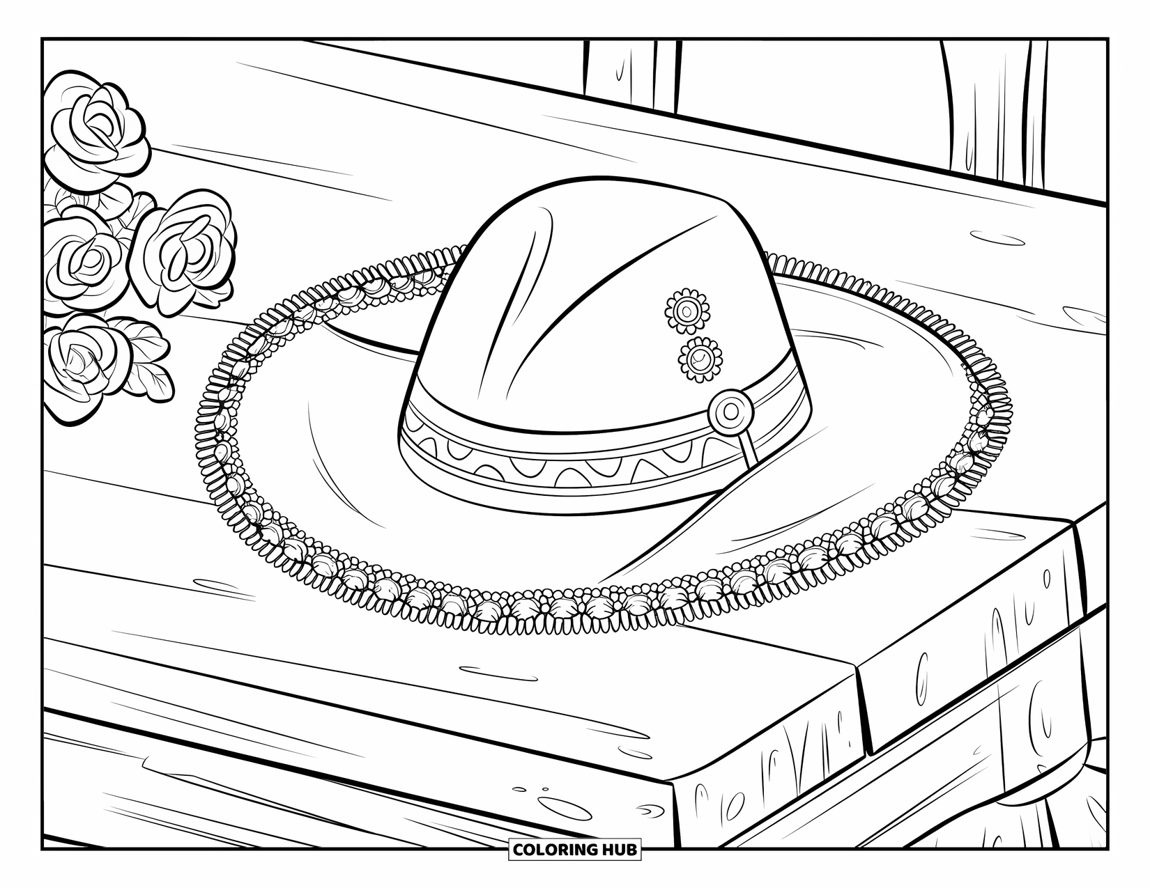 Spain Coloring Page for Kids: Matador hat with roses sits on a scratched wooden table