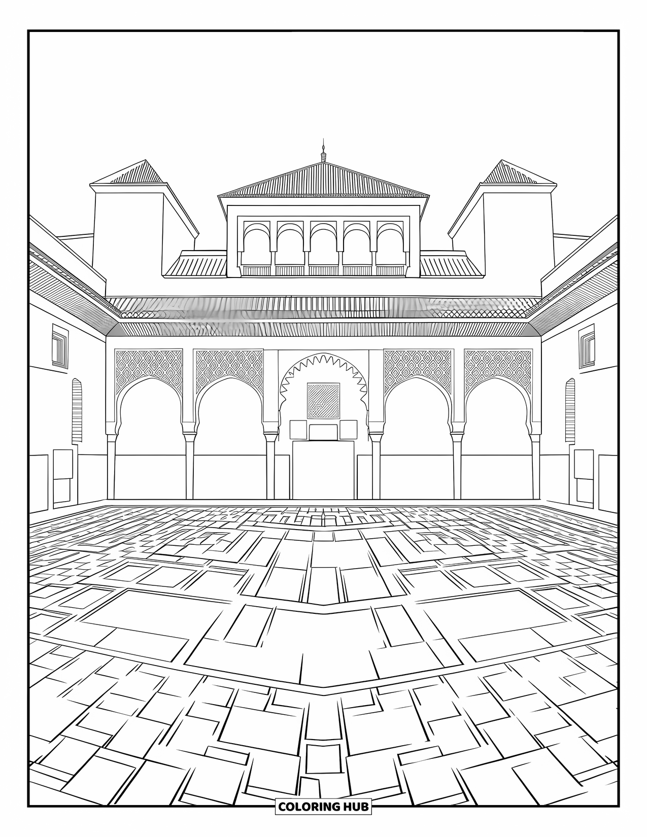 Spain Coloring Page for Kids: Ornate arches and tile work frame the courtyard of the historic Alhambra