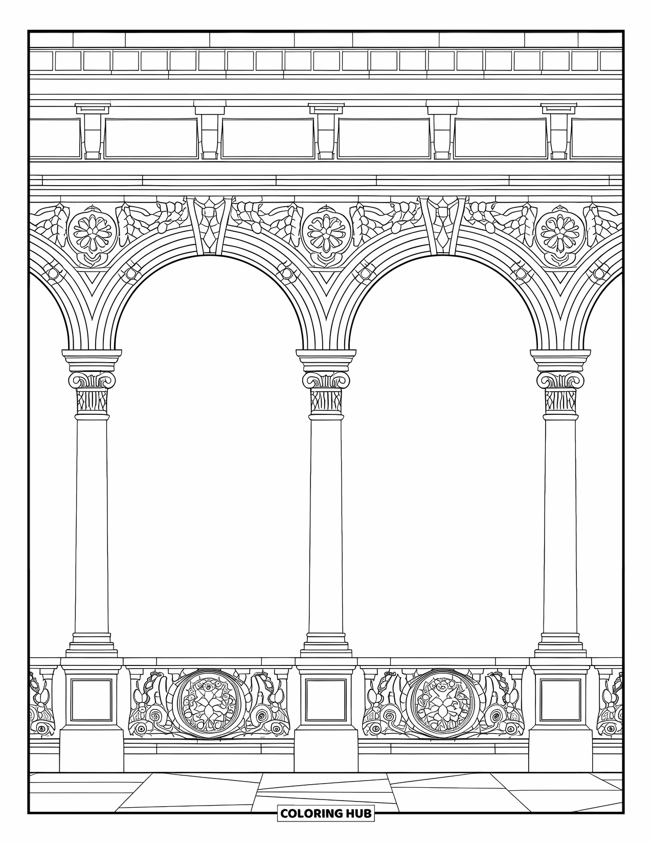 Spain Coloring Page for Kids: Plaza de España's arches with tall columns and detailed tiled railings