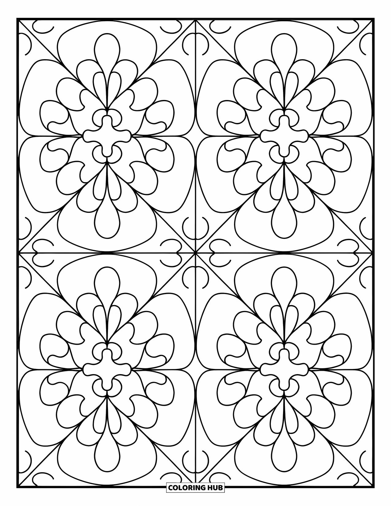 Spain Coloring Page for Kids: Repeating floral tile pattern inspired by Spain with a bold, clean design