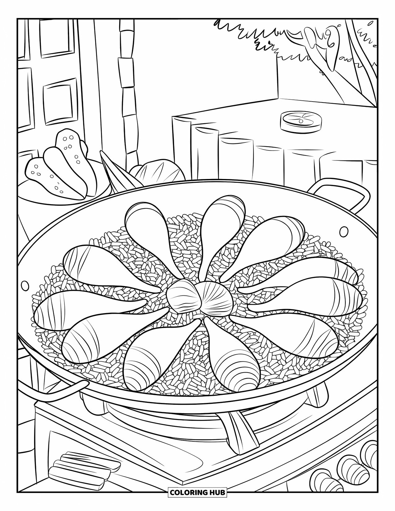 Spain Coloring Page for Kids: Seafood paella simmers on a stove with vegetables and a lemon nearby