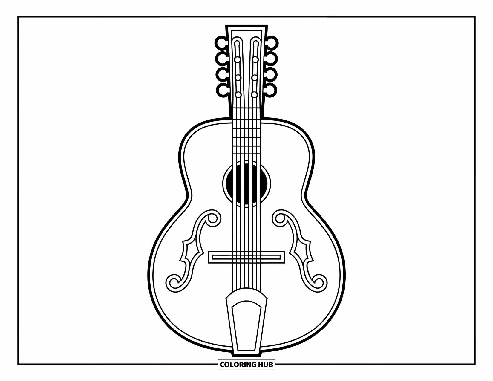 Spain Coloring Page for Kids: Simple guitar with large frets and pegs stands out on a clean white background