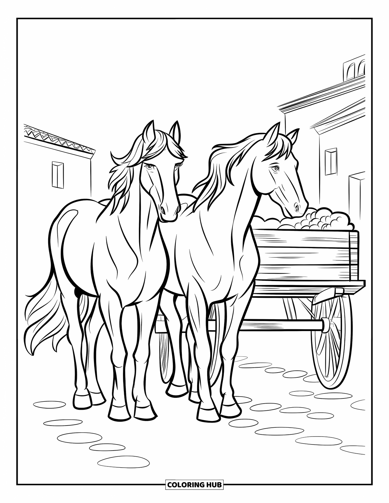 Spain Coloring Page for Kids: Spanish horses with flowing manes stand near a wooden cart in a quaint street