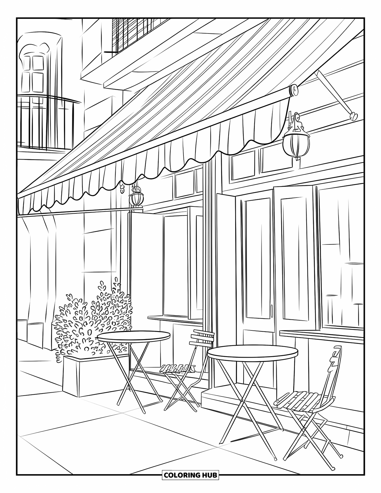 Spain Coloring Page for Kids: Street café with striped awning and tables, planters nearby and windows behind