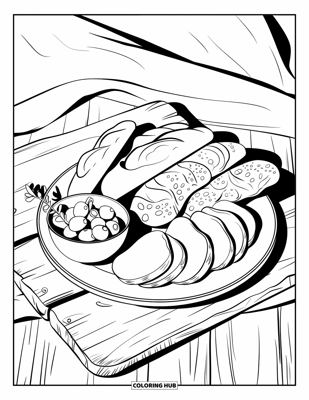 Spain Coloring Page for Kids: Tapas plate with olives and bread rests on a white cloth with a small bowl