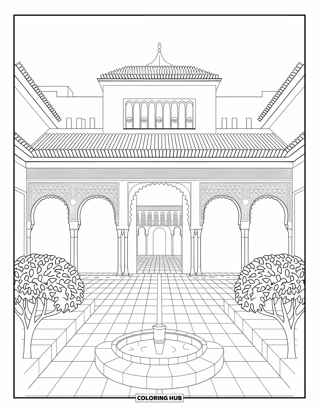 Spain Coloring Page for Kids: The Alhambra shows off its elegant arches, tiles, and peaceful courtyard trees
