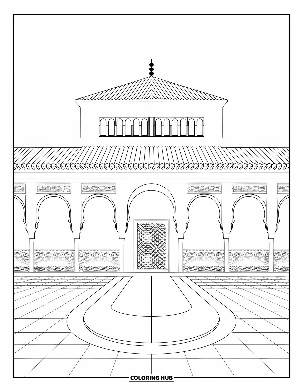 Spain Coloring Page for Kids: The Alhambra's facade features beautiful arches and a tiled courtyard
