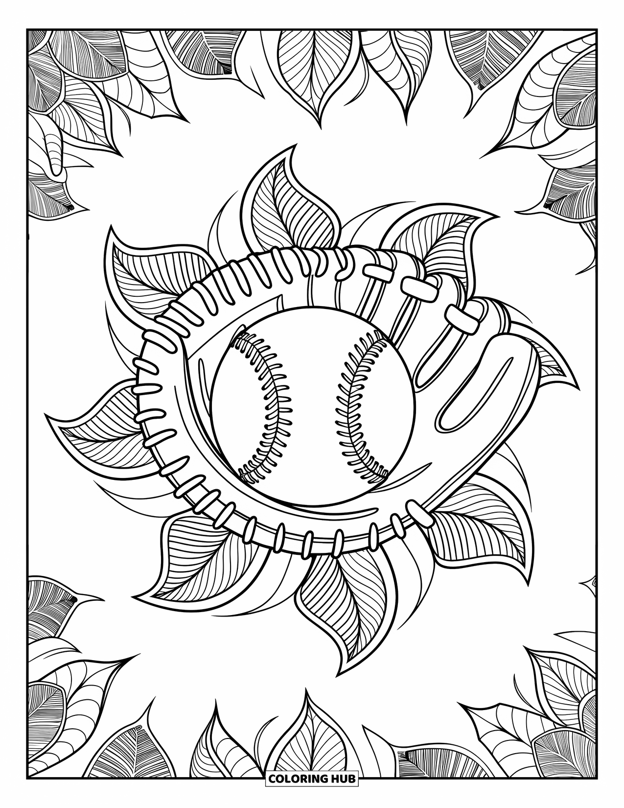 Sport Coloring Page for Adults: Baseball and glove framed by intricate leafy mandalas