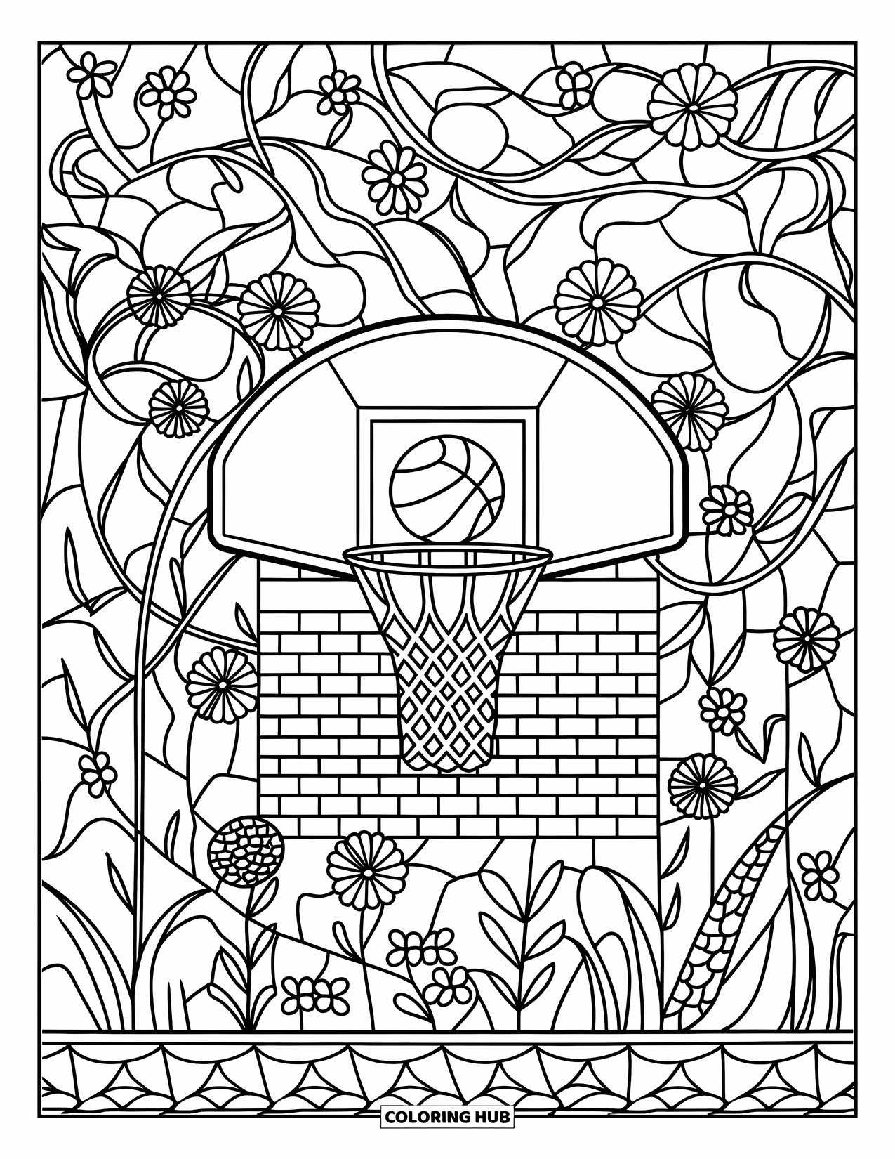 Sport Coloring Page for Adults: Basketball hoop on brick wall with stained glass plants
