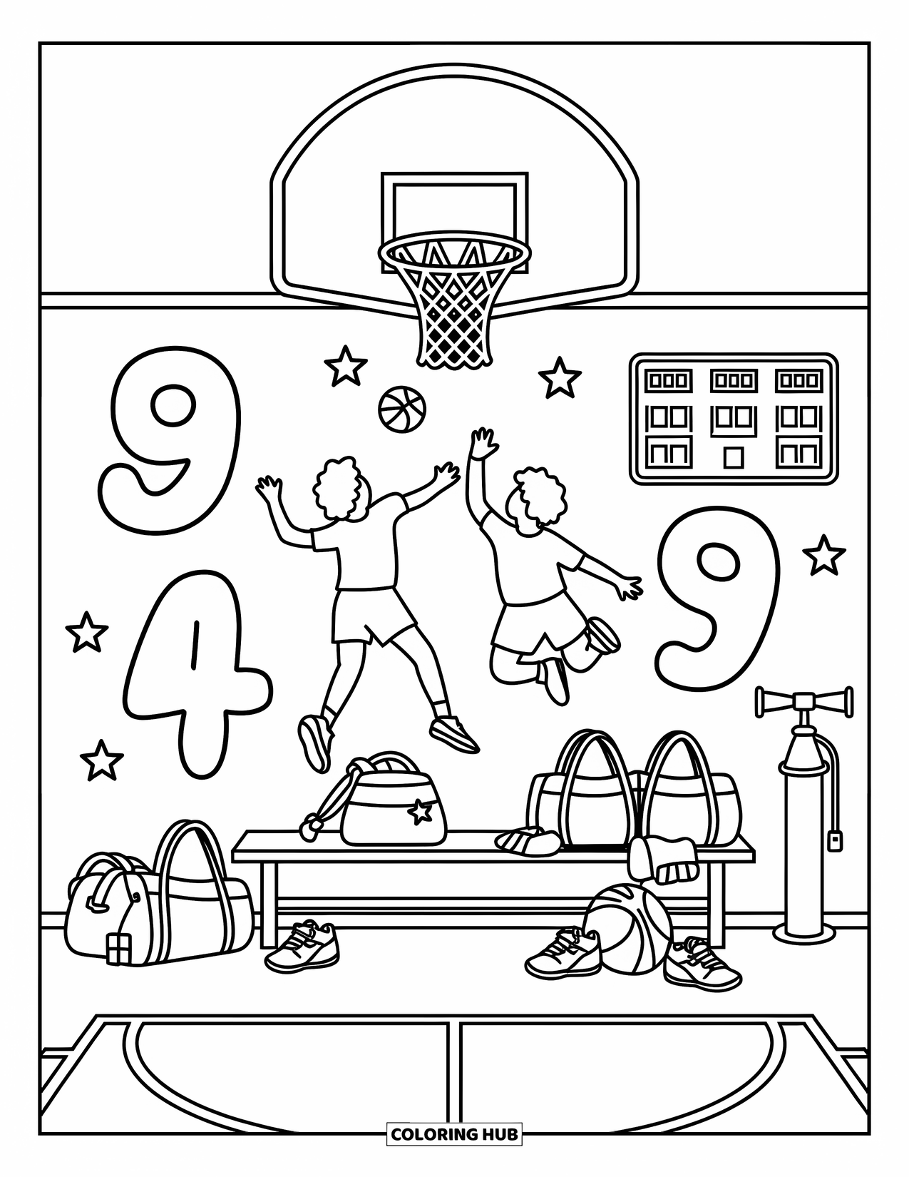 Sport Coloring Page for Adults: Basketball match with players mid-air beneath short hoop