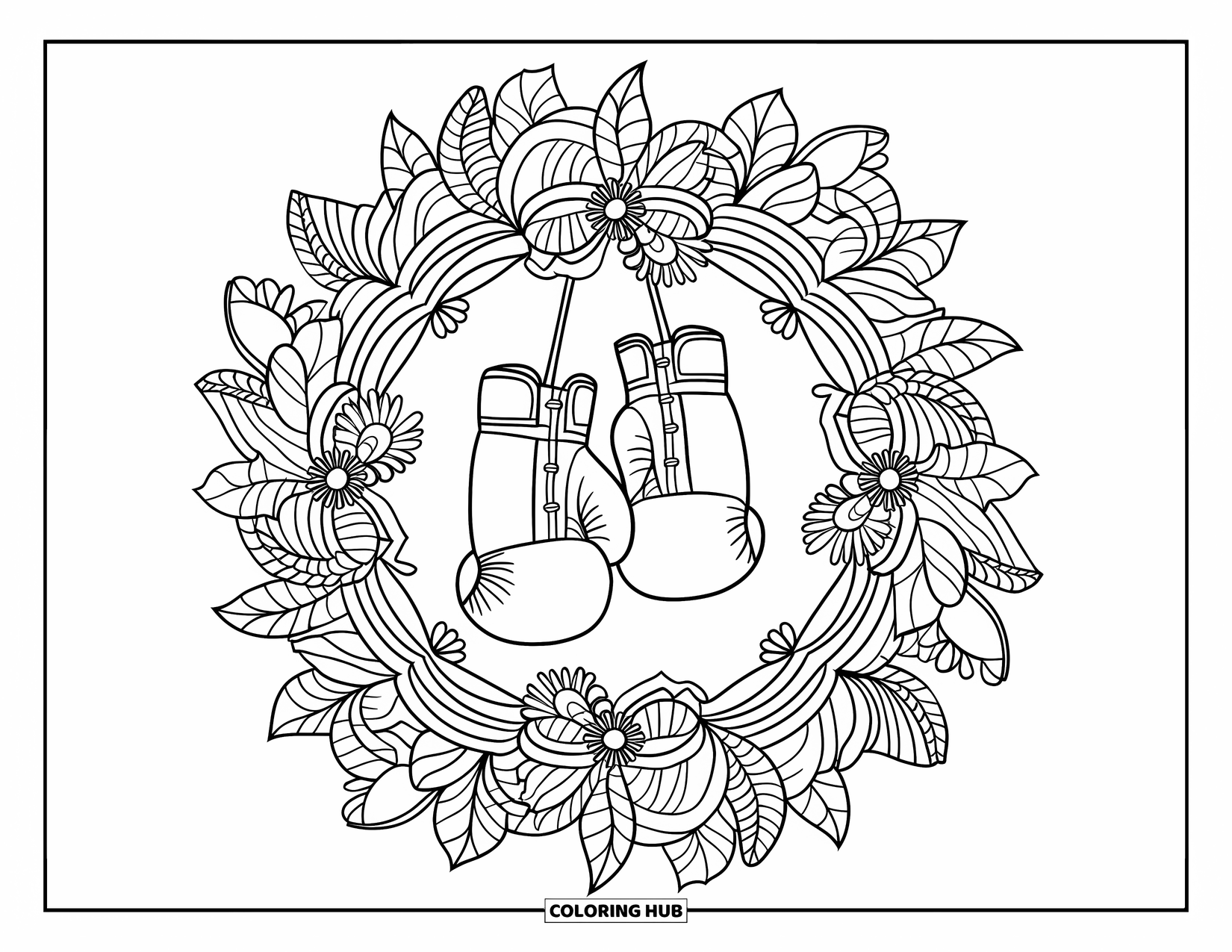 Sport Coloring Page for Adults: Botanical mandala frame with boxing gloves in center