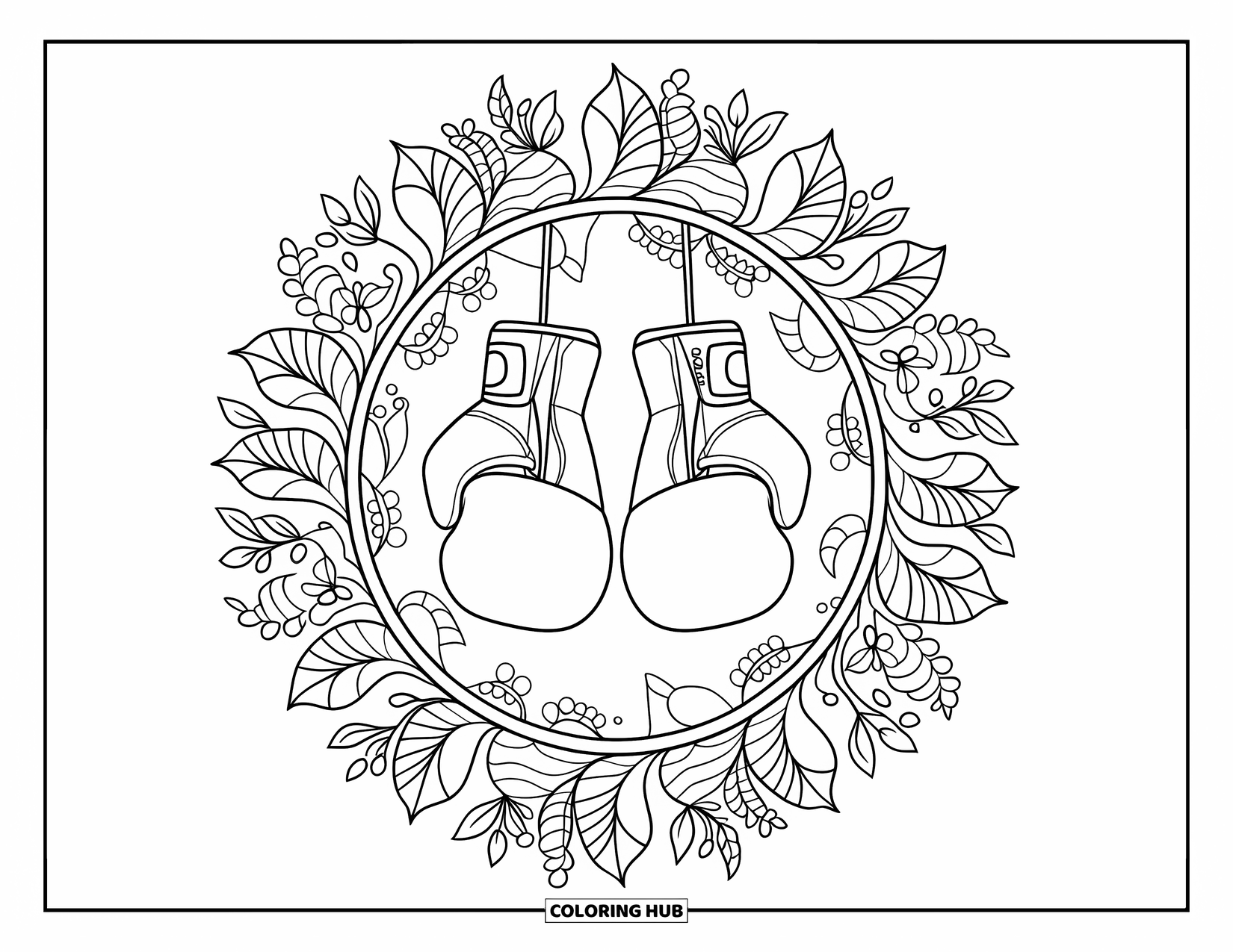 Sport Coloring Page for Adults: Boxing gloves in fighting pose within floral mandala frame