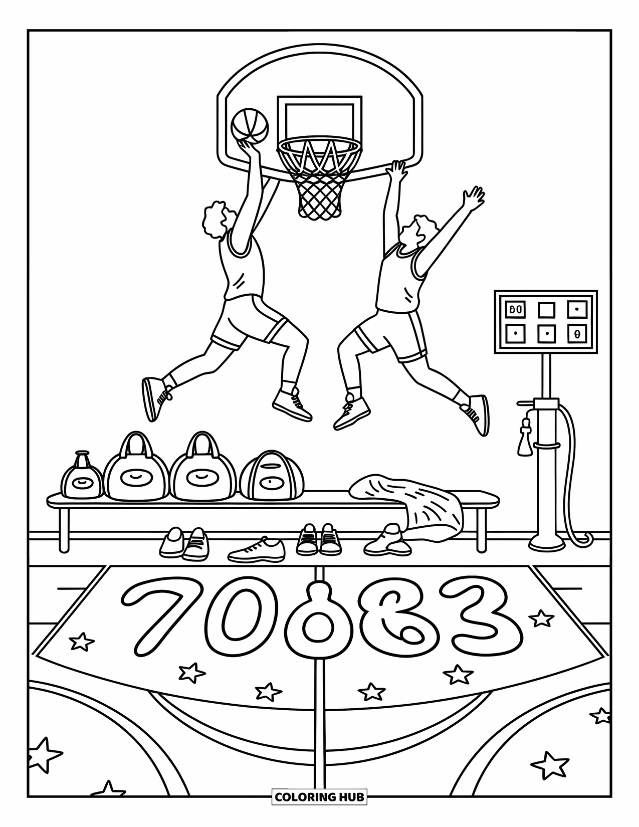 Sport Coloring Page for Adults: Dynamic basketball game with stars and scoreboard in view