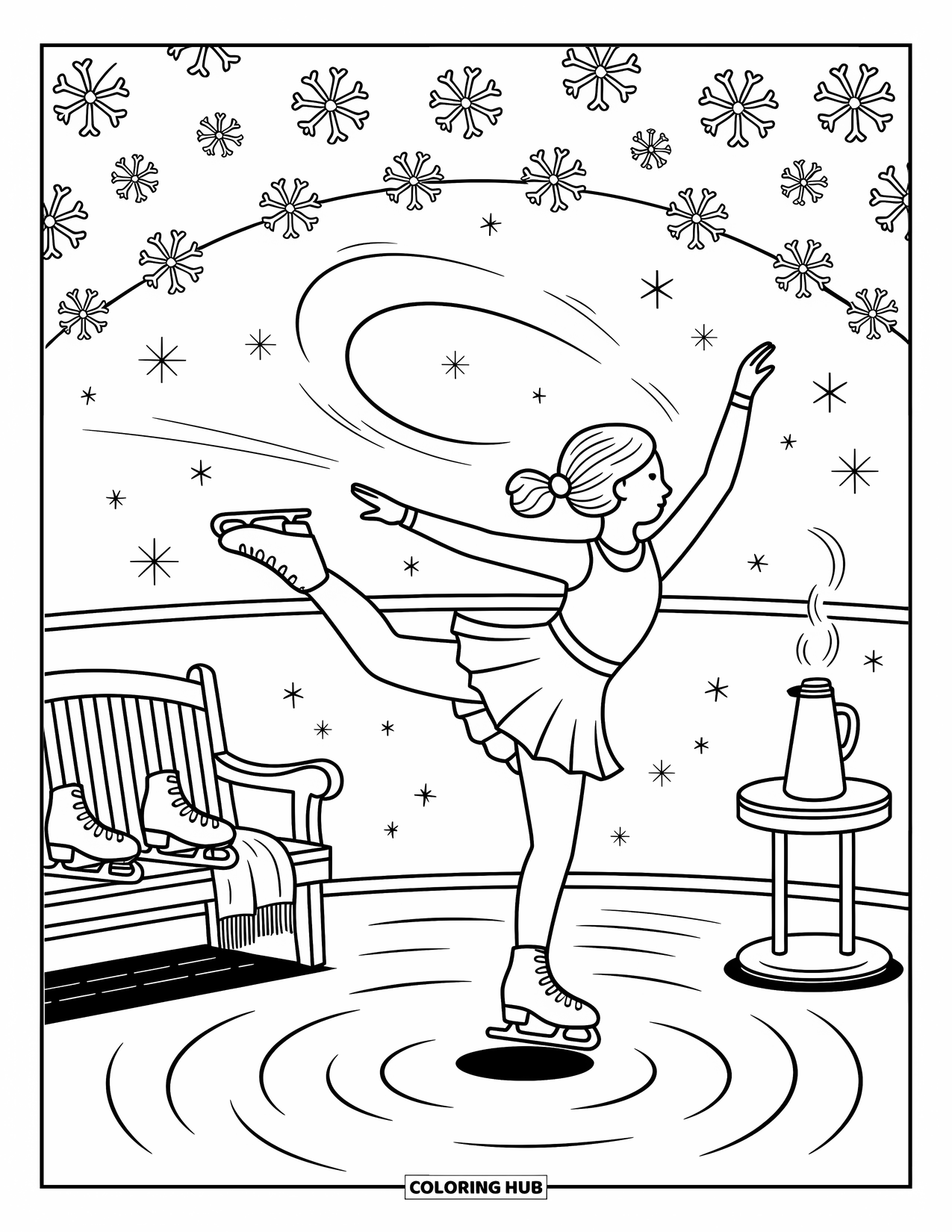 Sport Coloring Page for Adults: Figure skater spins mid-air surrounded by sparkling snowflakes