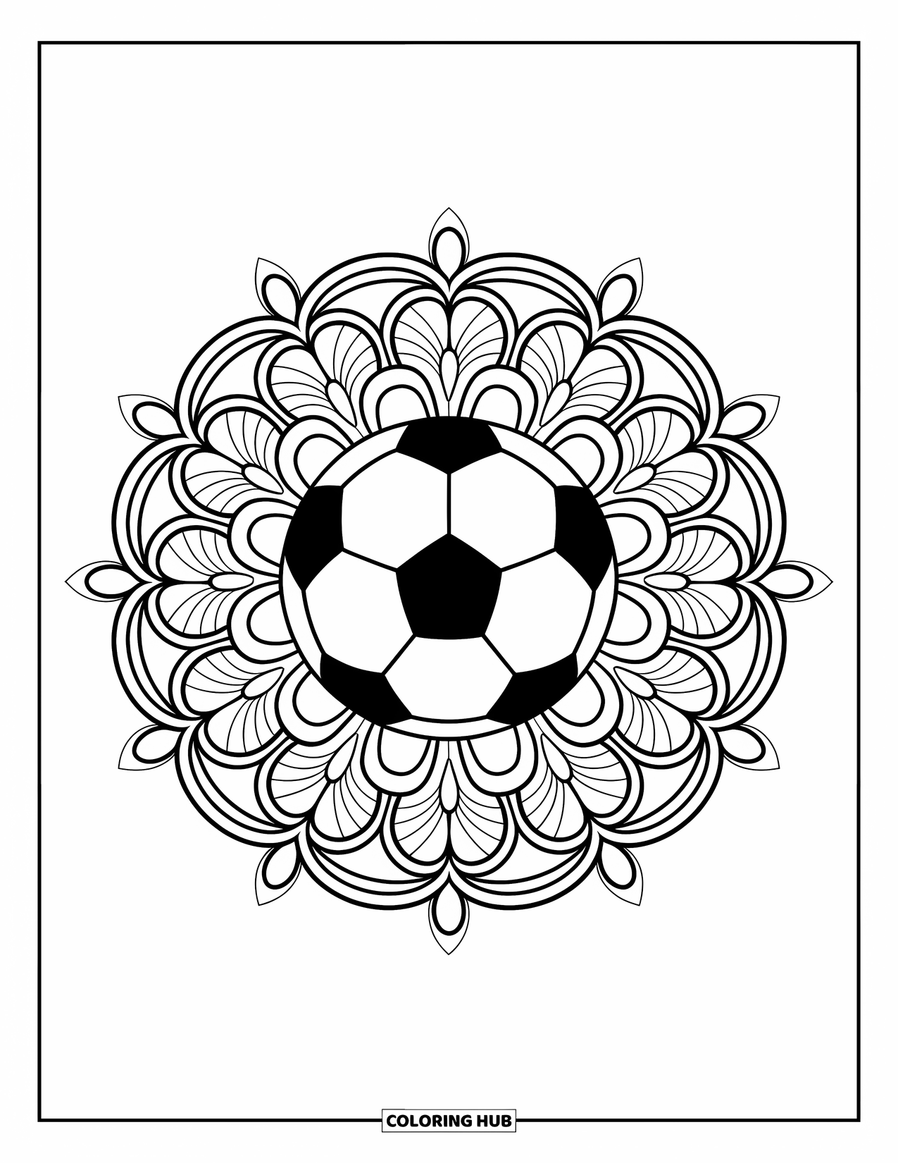 Sport Coloring Page for Adults: Floral mandala surrounding soccer ball with bold outlines