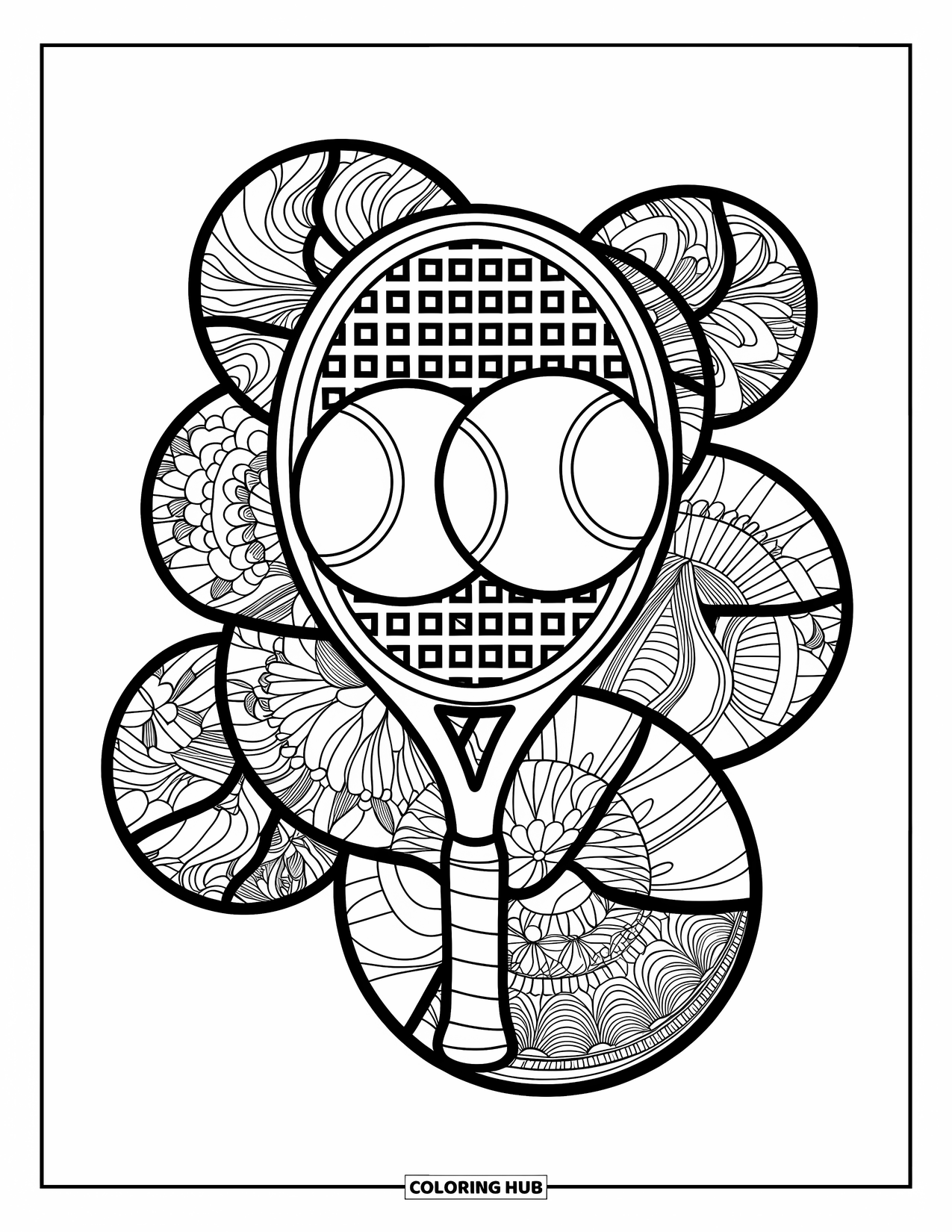 Sport Coloring Page for Adults: Floral stained glass frame with tennis racket and balls