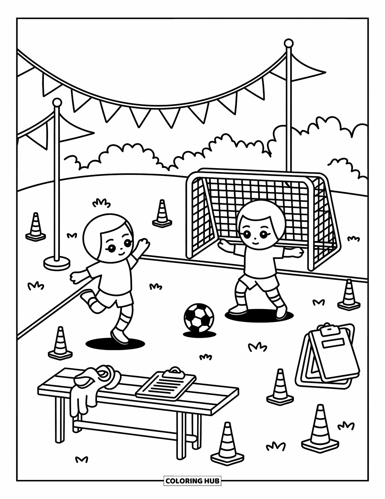 Sport Coloring Page for Adults: Playful soccer game with ball, net, and small cones