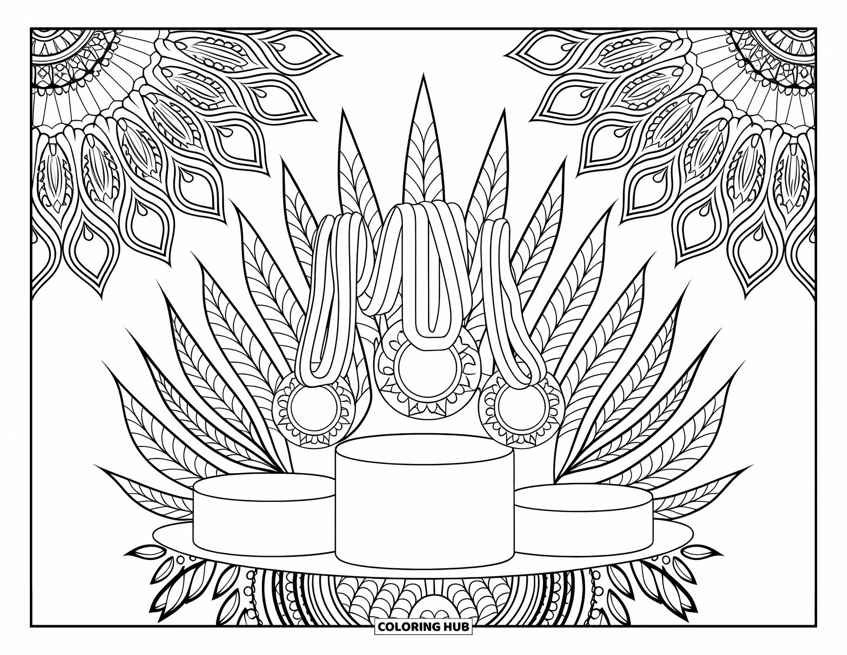 Sport Coloring Page for Adults: Podium with medals surrounded by intricate mandala patterns