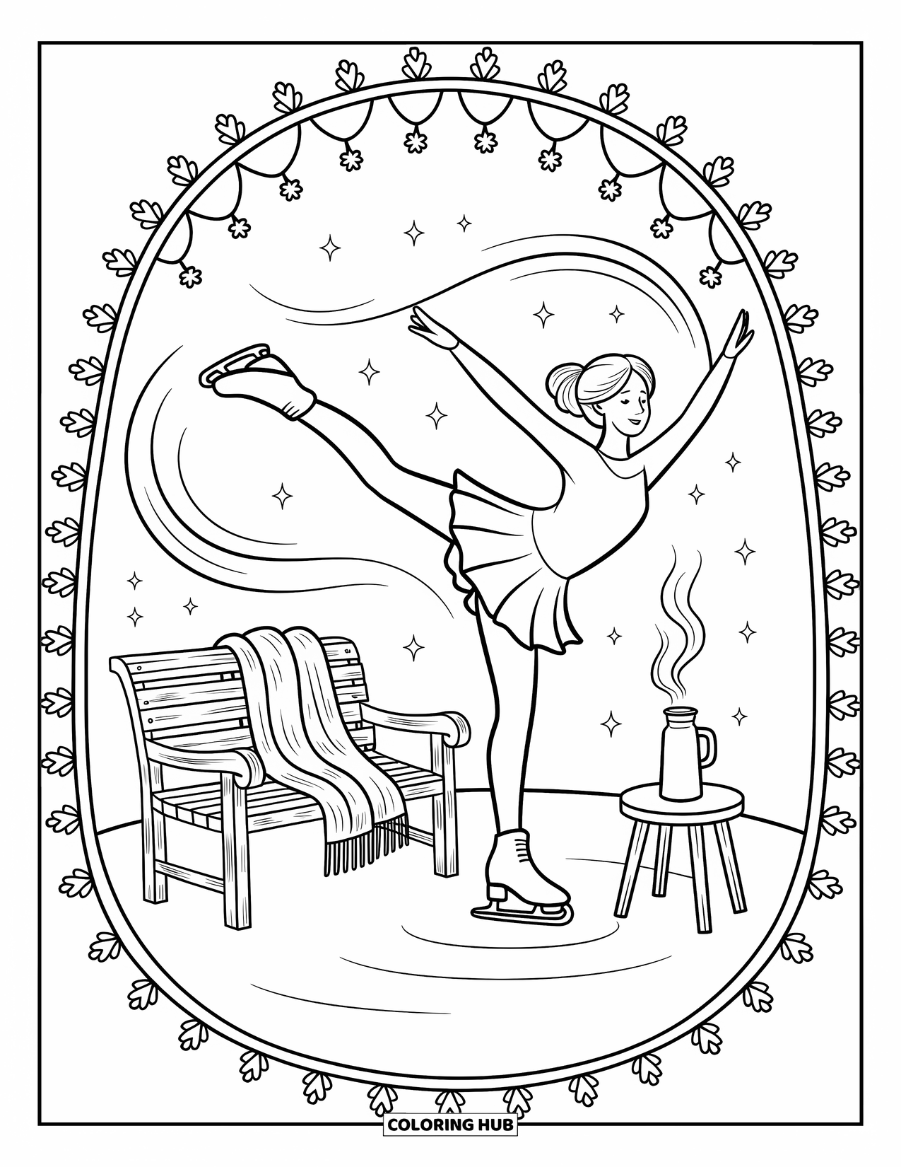 Sport Coloring Page for Adults: Skater spins gracefully on rink framed by snowflakes