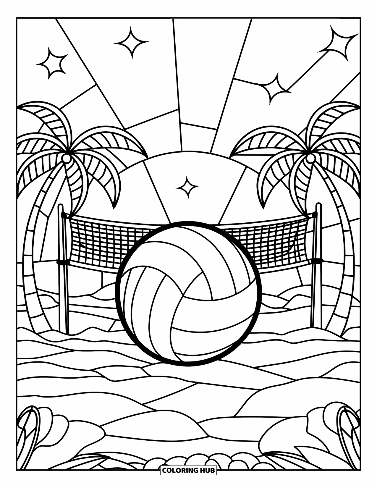 Sport Coloring Page for Adults: Stained glass beach court with volleyball and palm trees