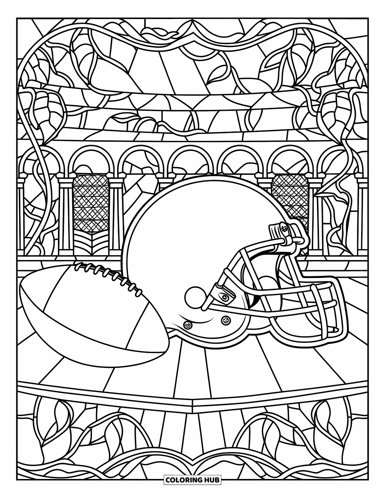 Sport Coloring Page for Adults: Stained glass stadium with football helmet and ball