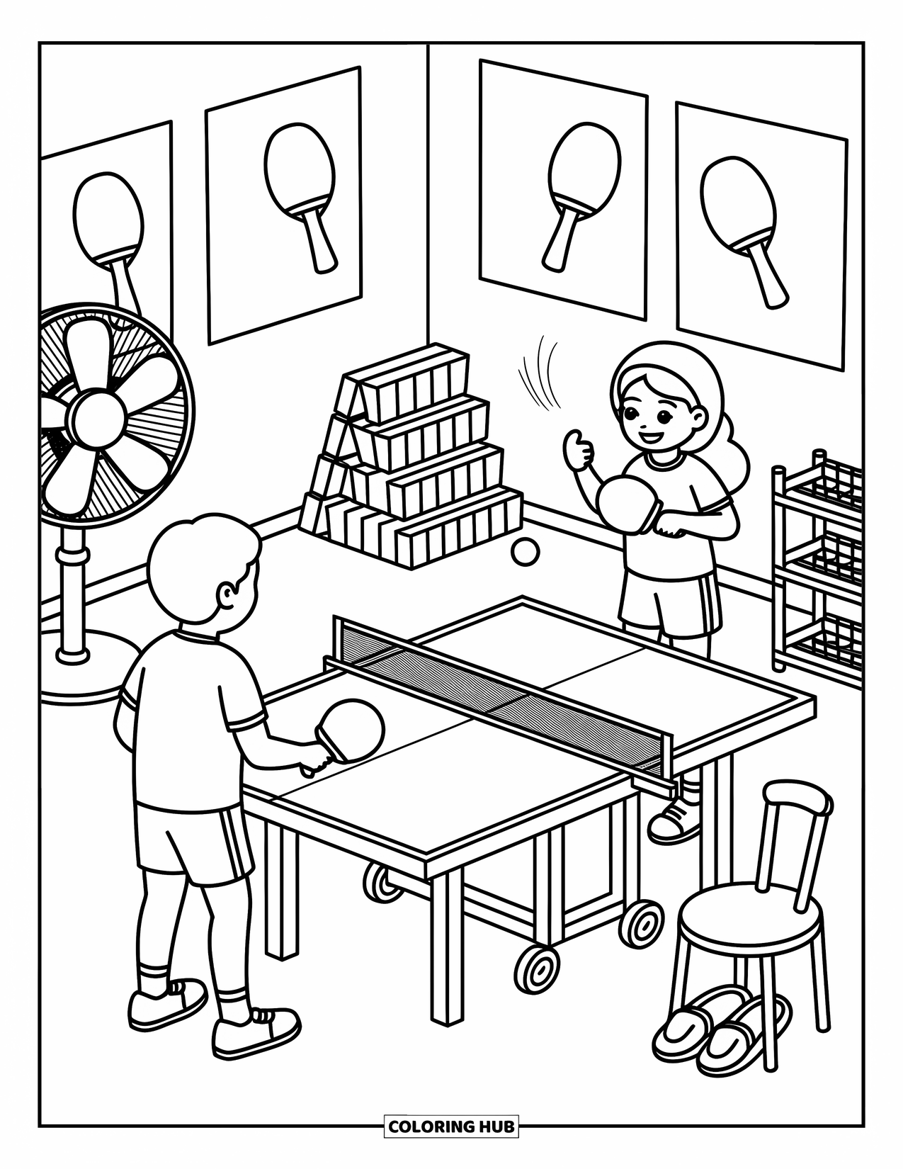 Sport Coloring Page for Adults: Table tennis match with ball frozen in playful motion