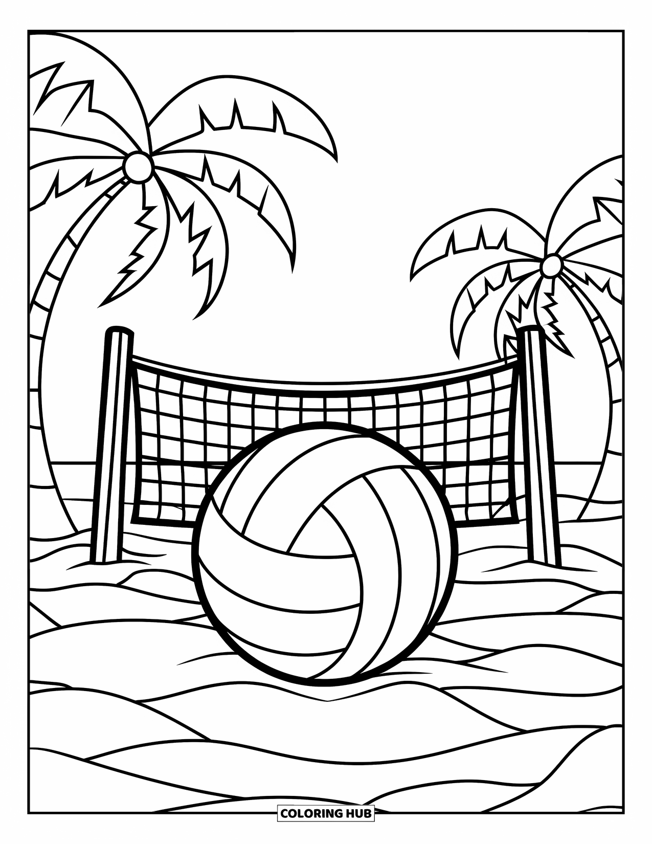 Sport Coloring Page for Adults: Volleyball within stained glass beach court design