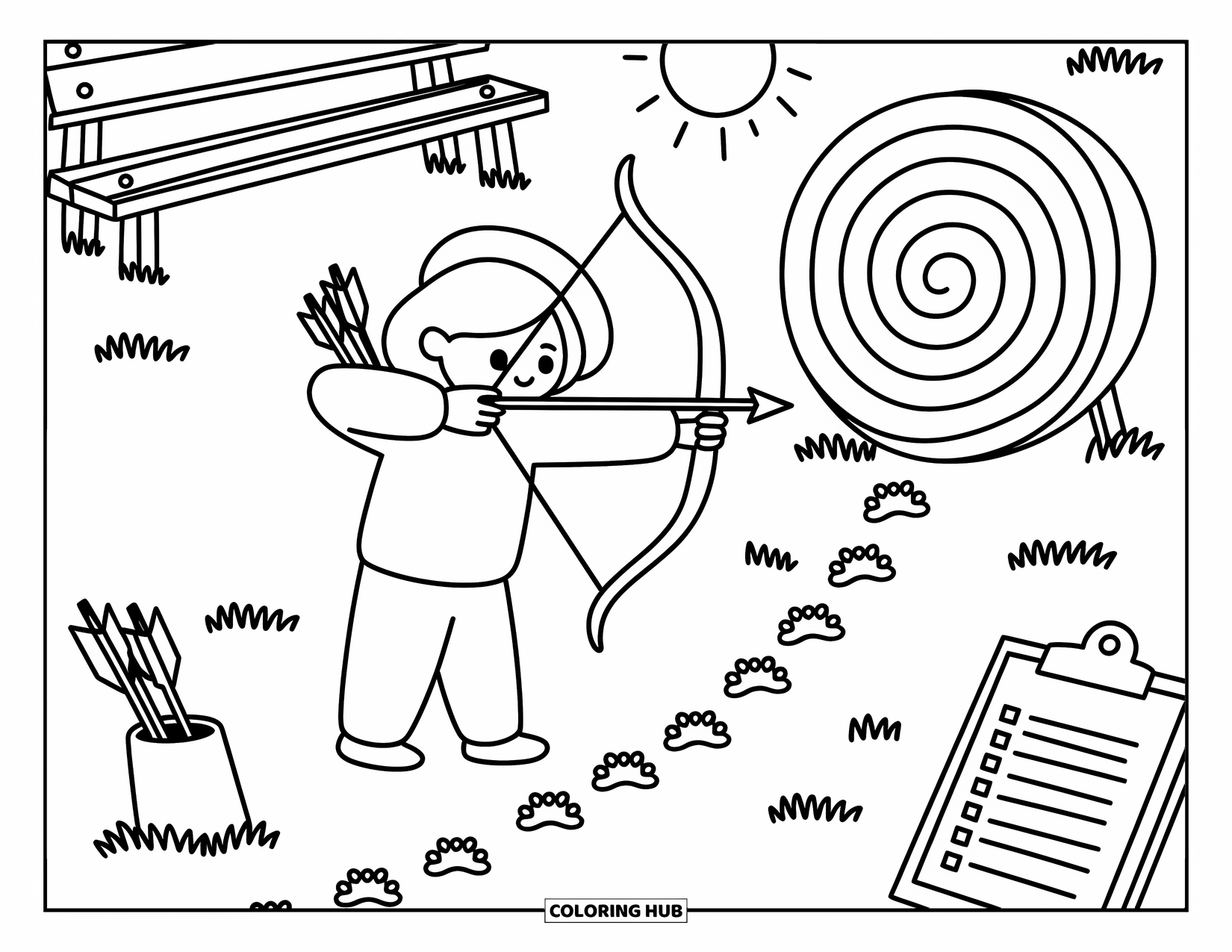 Sport Coloring Page for Adults: Young archer aims at target beside a wooden bench
