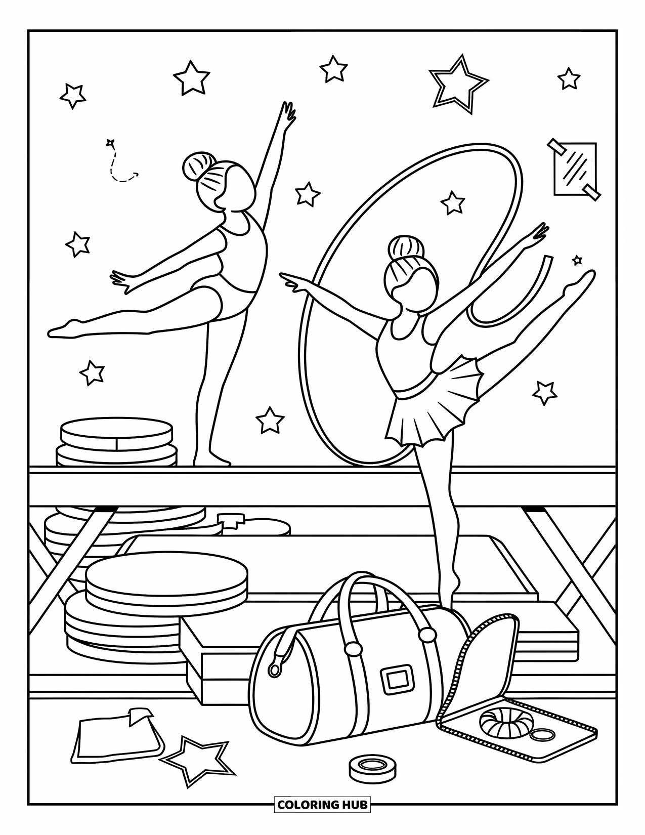 Sport Coloring Page for Adults: Young gymnast on beam with ribbon dancer nearby