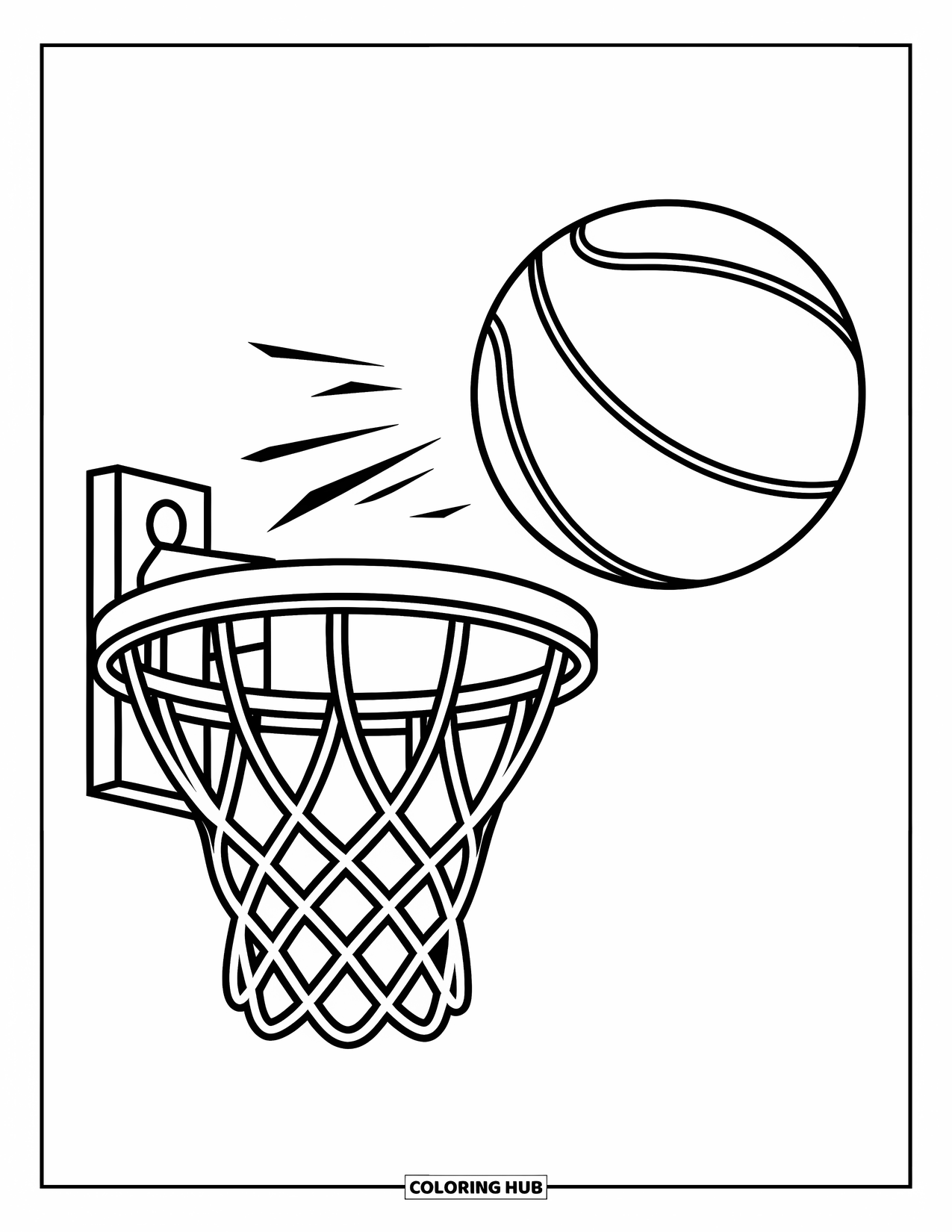 Sport Coloring Page for Kids: Basketball arcs toward hoop mounted on a wall