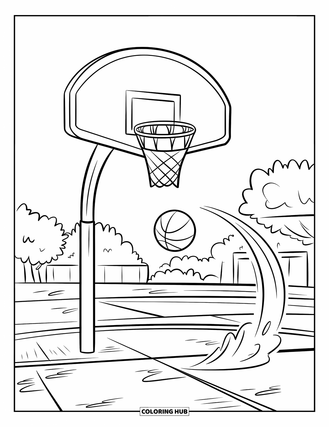 Sport Coloring Page for Kids: Basketball flies toward hoop with smoky trail