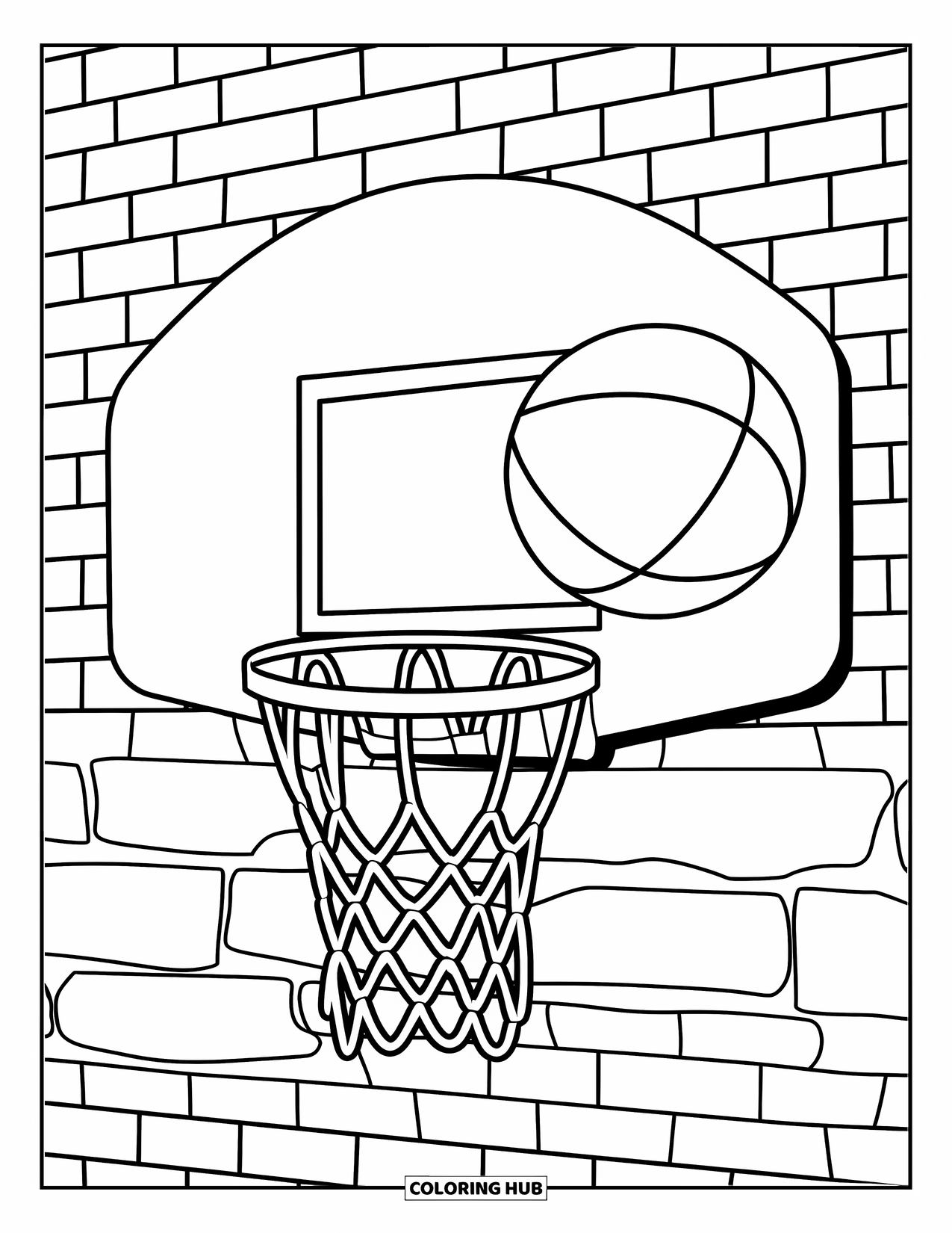 Sport Coloring Page for Kids: Basketball mid-air near hoop on a brick wall