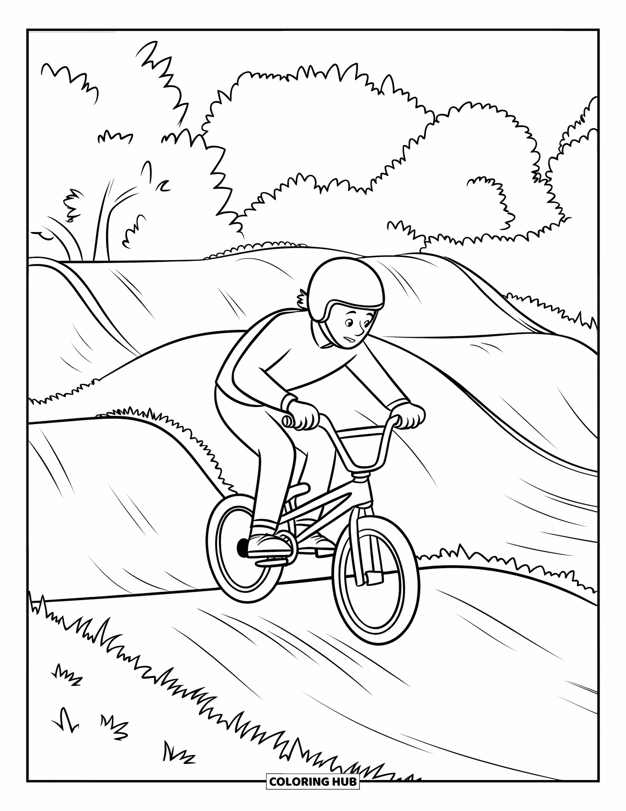 Sport Coloring Page for Kids: BMX rider in red jersey soars above dirt ramp