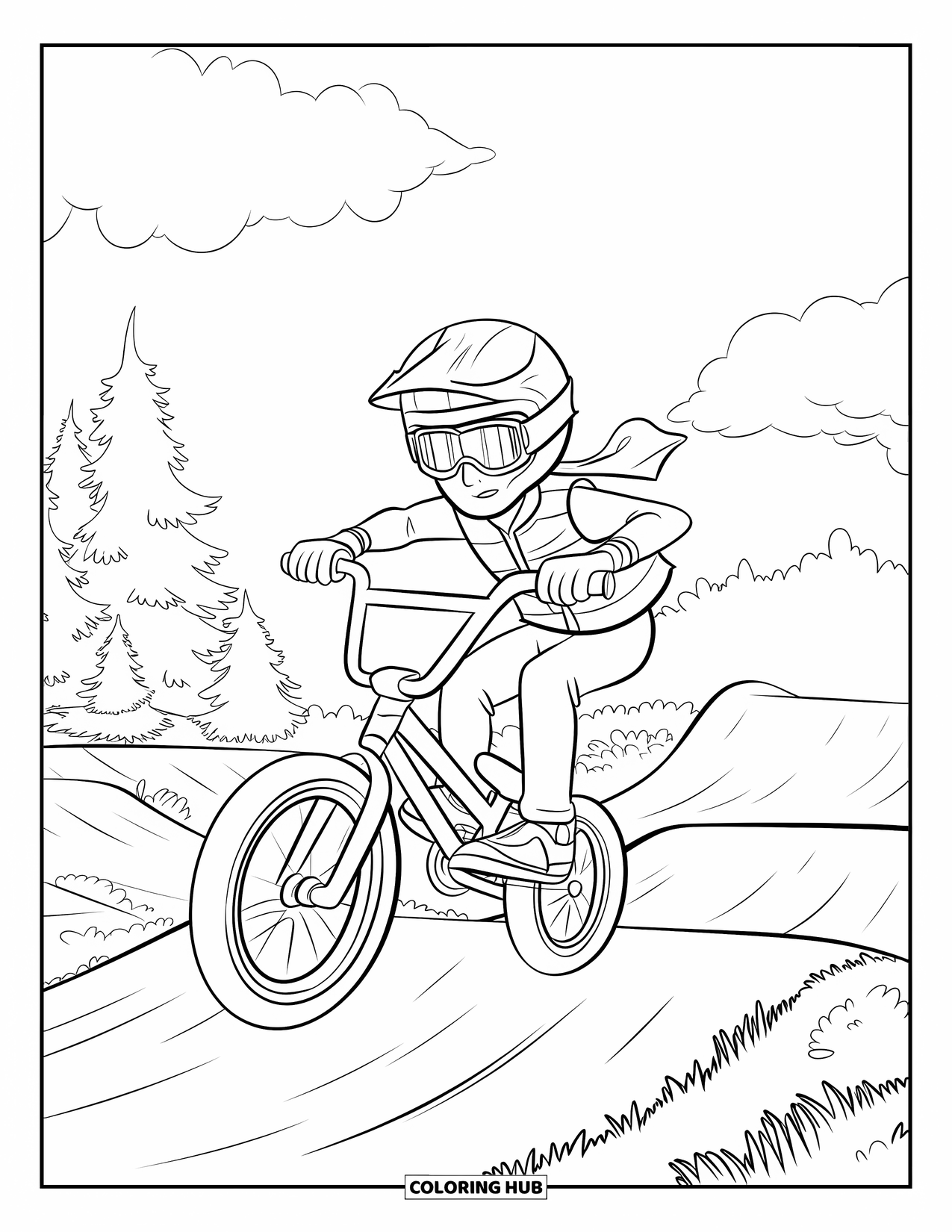 Sport Coloring Page for Kids: BMX rider jumps high in forest dirt course