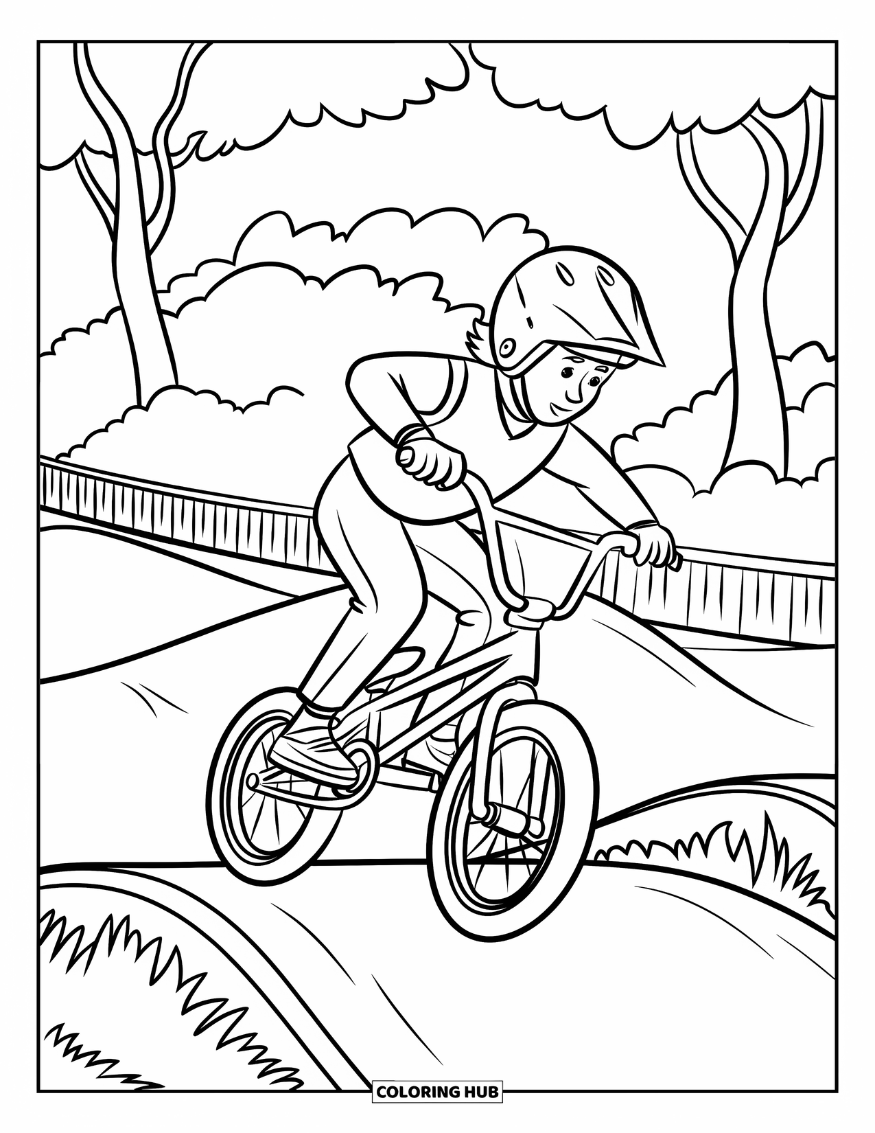 Sport Coloring Page for Kids: BMX rider jumps on a dirt track
