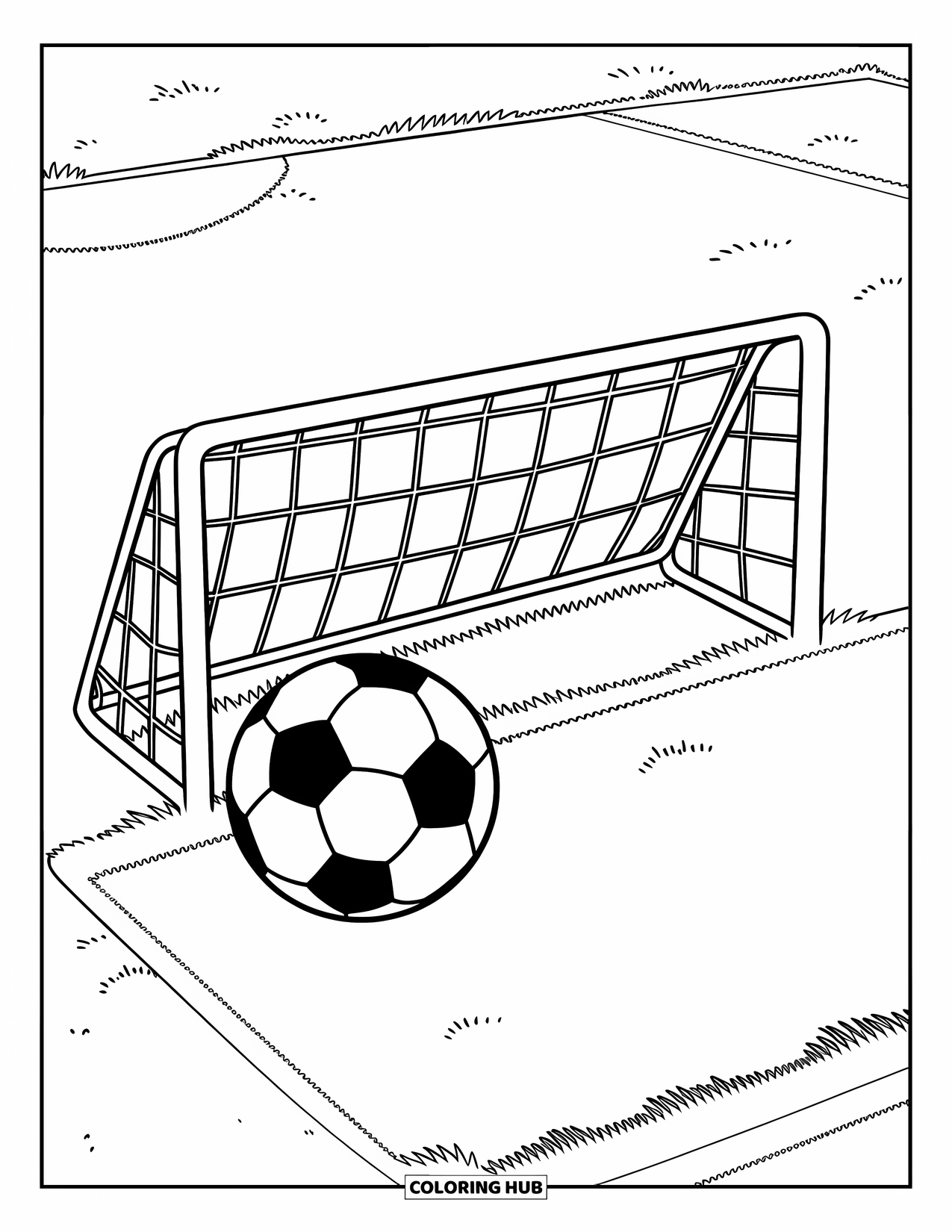 Sport Coloring Page for Kids: Classic soccer ball sits beside simple goalpost
