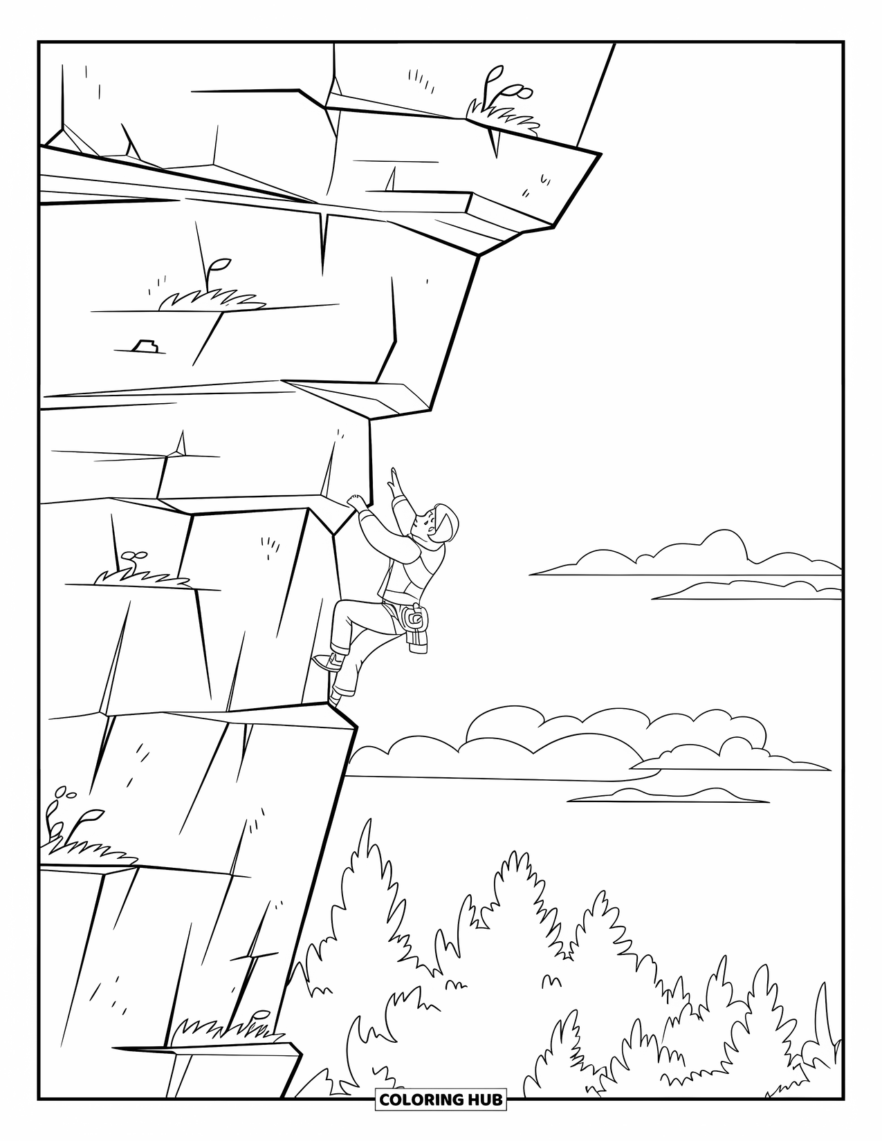 Sport Coloring Page for Kids: Climber scales jagged rock wall under a clear sky