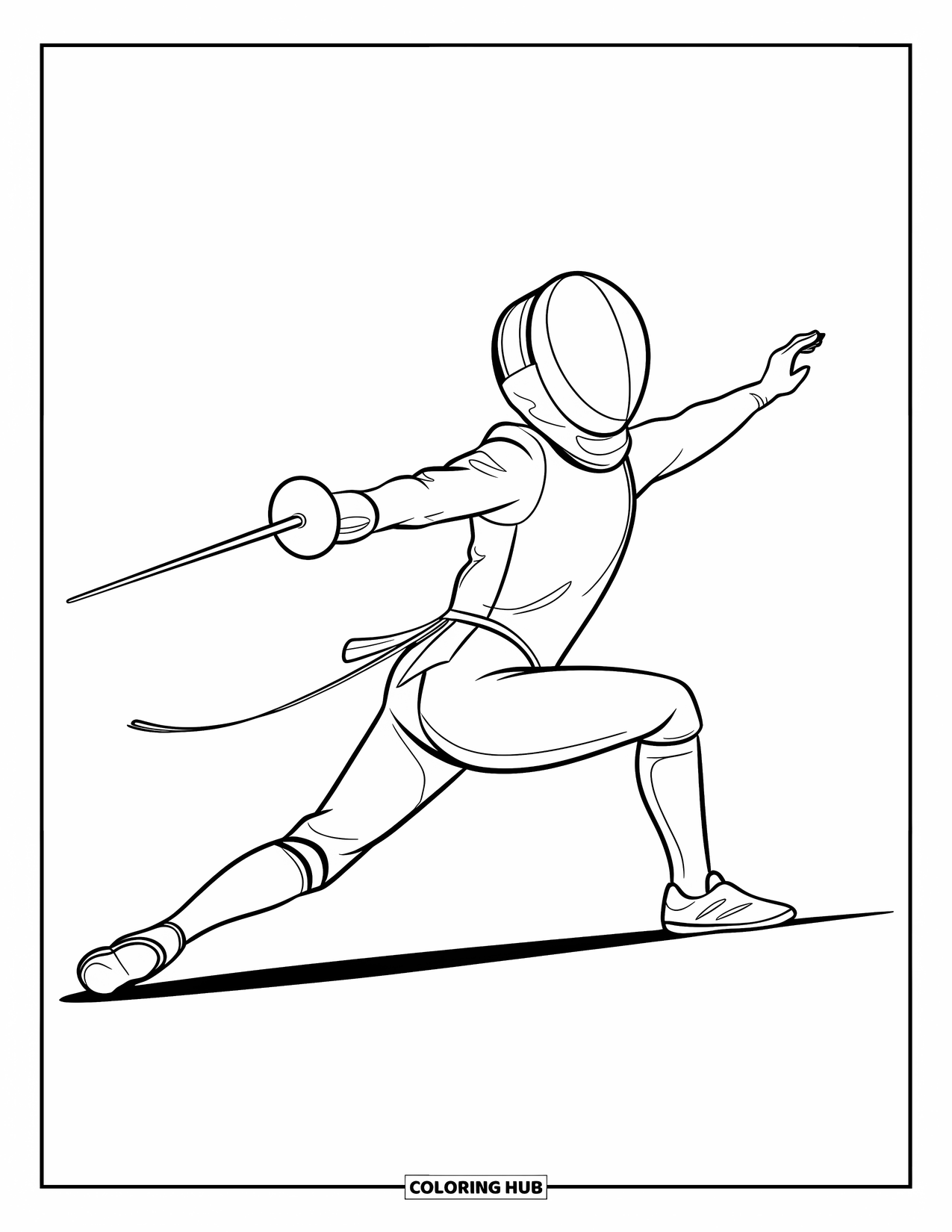 Sport Coloring Page for Kids: Fencer lunges forward in a fierce attack