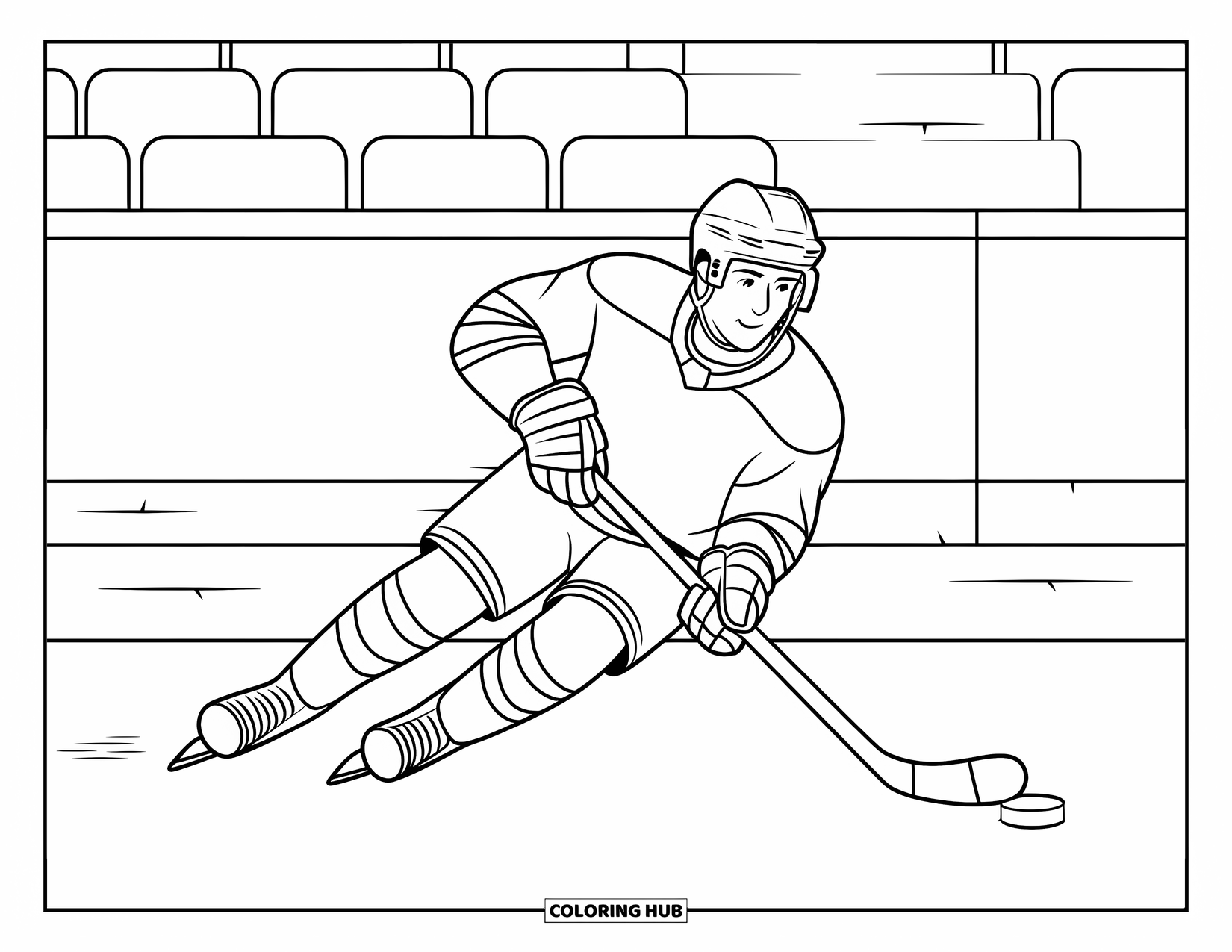Sport Coloring Page for Kids: Hockey player slides across ice with puck and stick