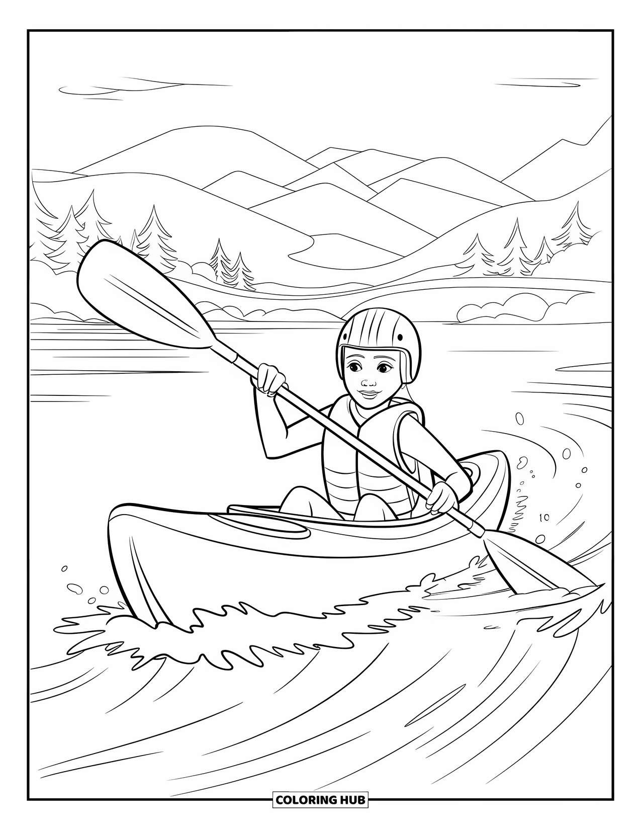 Sport Coloring Page for Kids: Kayaker in helmet paddles near bridge and mountains