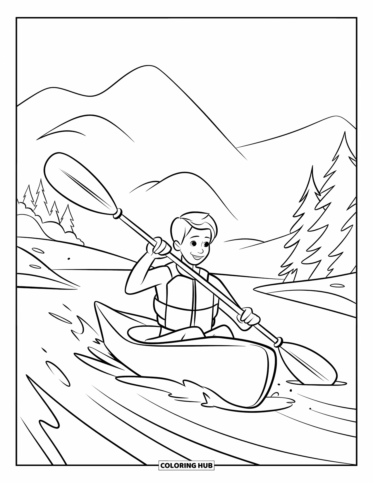 Sport Coloring Page for Kids: Kayaker paddles through gentle waves with a smile